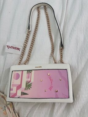ALDO White Crossbody Bag with Pink Graphic Panel and Gold Chain
